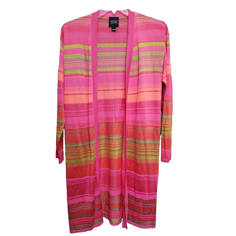 Andrea Jovine Longline Open Front Viscose Cardigan Multicolor Stripe Size Large